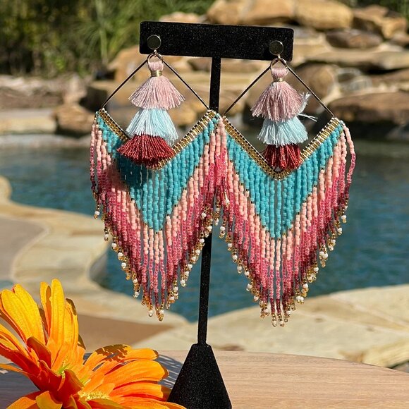 Handmade Beaded Long Tassel Fringe Dangle Drop Bohemian Post Diamond Earrings - Picture 6 of 9